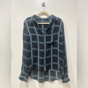 A.L.C. Blouse Top Large Blue Plaid Silk Button Front Collar Long Sleeves